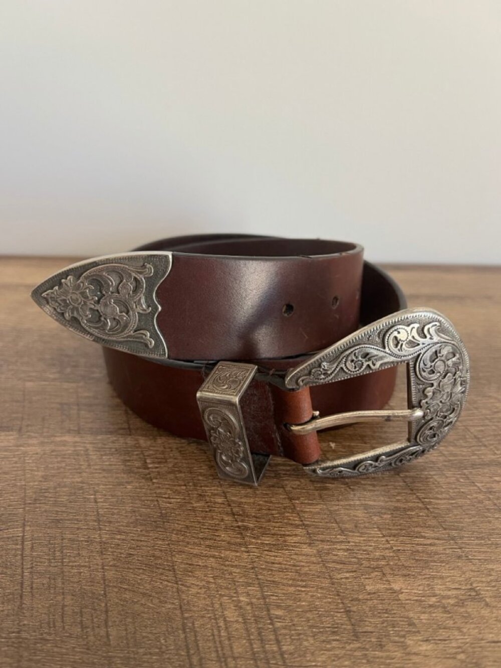 Silpada Designs Leather Belt Brown M Western Ornate Buckle Vintage Bohemian